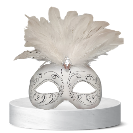 White / Silver masquerade mask with feathers