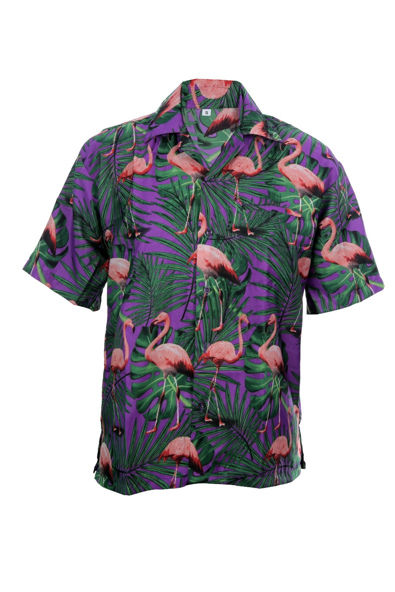 Hawaiian shirt purple with flamingos and palms