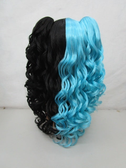 Suicide Girl Black & Aqua Wig with Detachable Clip Ponytails