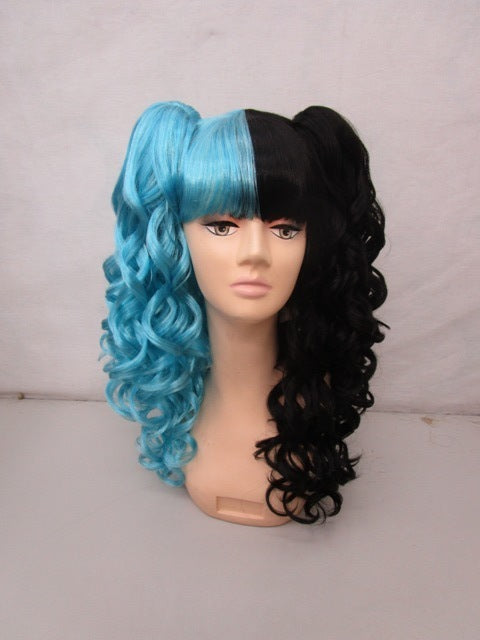 Suicide Girl Black & Aqua Wig with Detachable Clip Ponytails