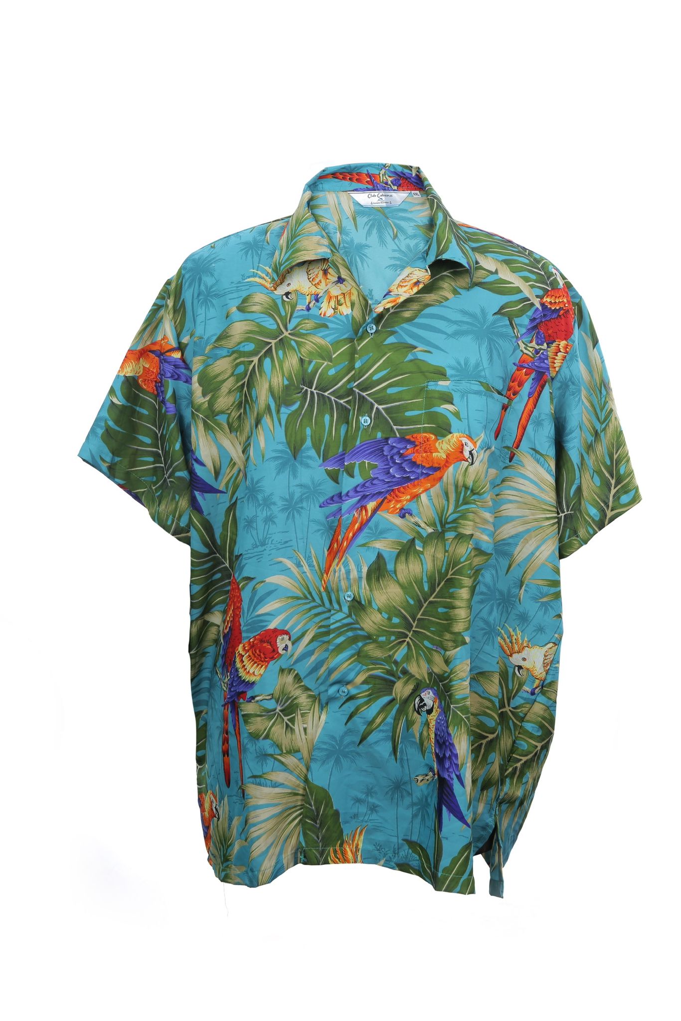 Hawaiian shirt blue w/ parrots and palms