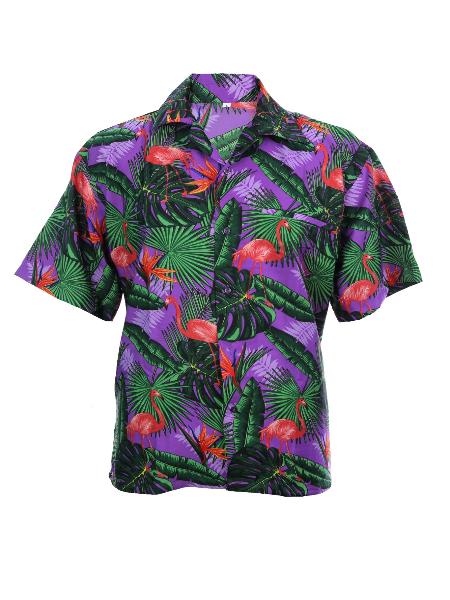 Hawaiian shirt purple w/ flamingos and palms