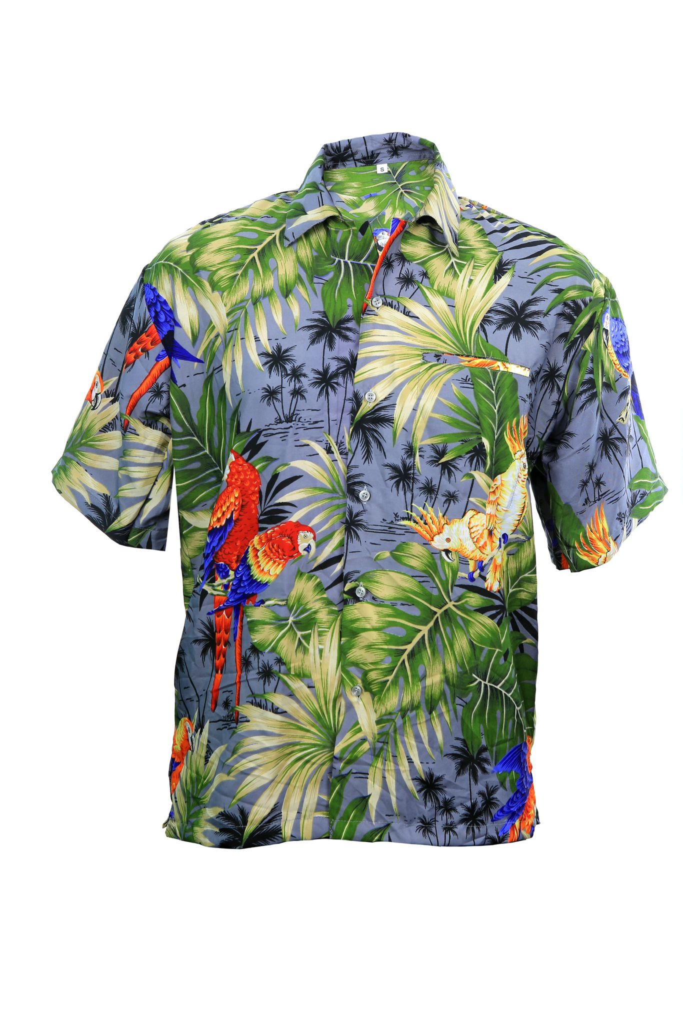 Hawaiian shirt light blue and green with parrots