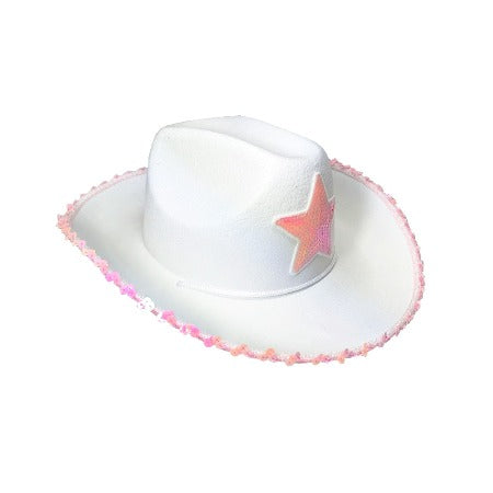 white cowboy hat with prink sequin trim and star