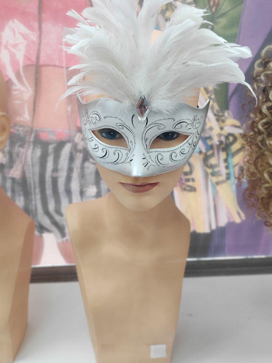 White / Silver masquerade mask with feathers