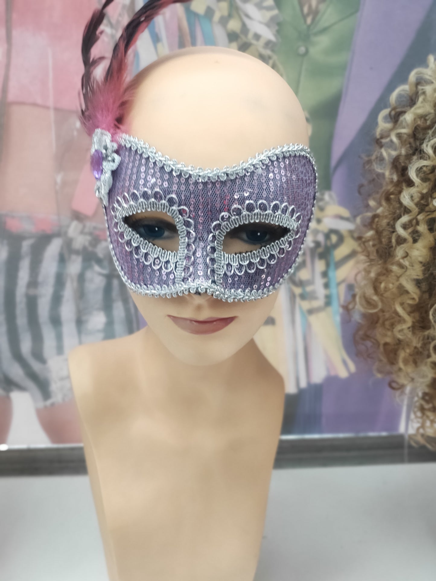 Lavender sequin mask with side feathers