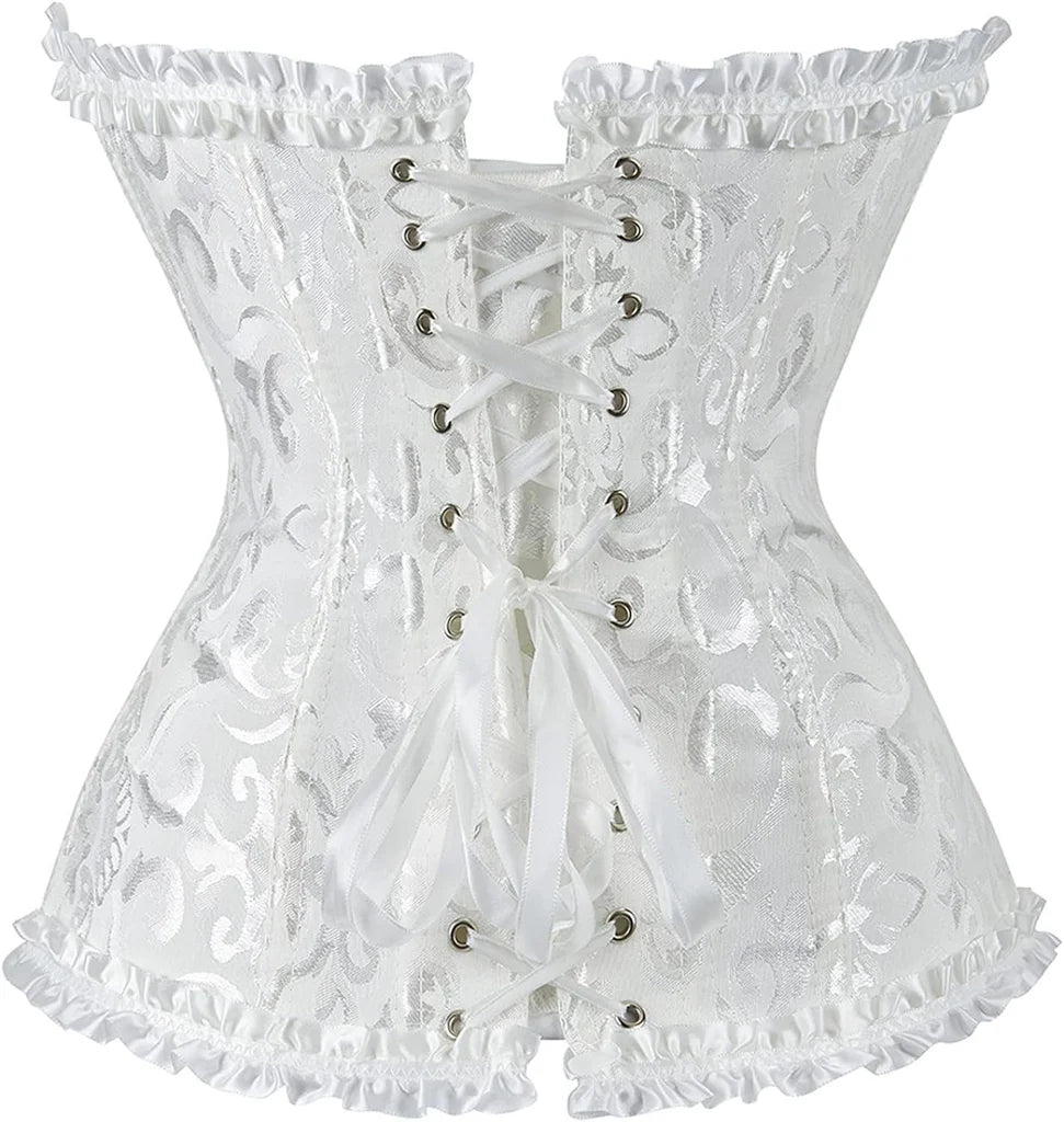 White Jacquard corset with front zip bust frills