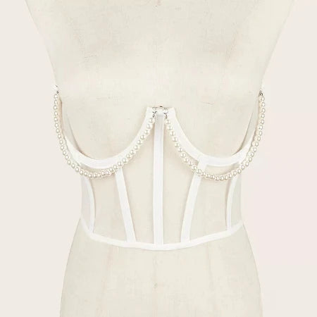 White or black  lace under-bust wired corset with pearls