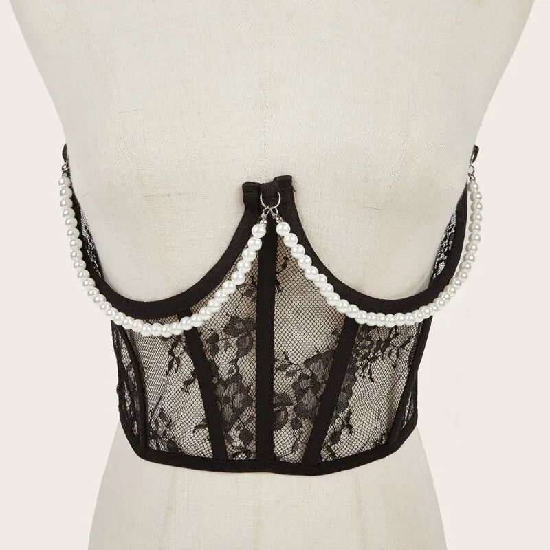 White or black  lace under-bust wired corset with pearls